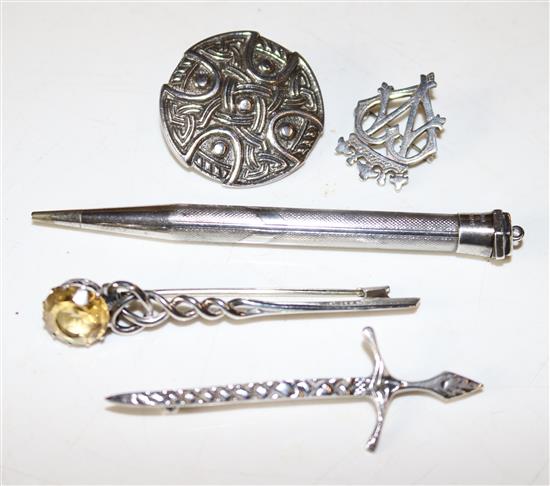 Small Scottish silver- citrine mounted kilt pin, 2  celtic brooches, monogram brooch and a pencil